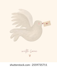 Valentine's Day Card. With Love. Cute Valentine Card with Flying Dove Holding a Love Letter. Hand Painted Pigeon and Envelope With Heart on a Beige Background. Love Bird. Valentines Greetings. RGB.