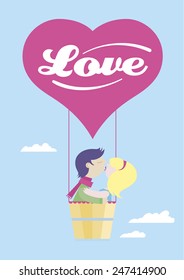 Valentines day card. Love kissing couple in a hot-air balloon