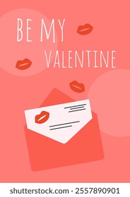 Valentine's Day card with love letter and kiss. Be My Valentine text. Vector flat illustration. Simple holiday card.