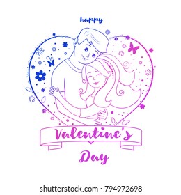 Valentines day card with lovers and heart. Card with text. Isolated on white background. Line style. Vector illustration