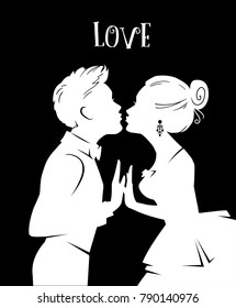 Valentines Day Card. Lovers kiss. Young man and woman kissing. Man in tuxedo, woman in ball gown.