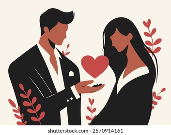 Valentine's Day card. Lovers. Young man gives a heart to a woman, symbolizing love, romance, care. Vector bright red and black colors symbolize love and passion for love sites, dating apps, posters