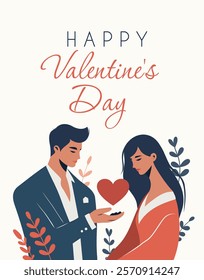 Valentine's Day card. Lovers. Young man gives a heart to a woman, symbolizing love, romance, care. Vector bright flat illustration for love sites, dating apps, posters, banners