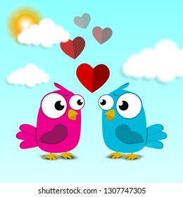 Valentines day card with loving birds, Birds with love, Romantic card with birds in love, Cute and happy birds with hearts - Vector