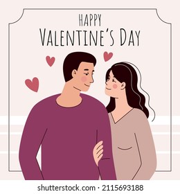 Valentine's day card. Loving couple in flat cartoon style. Vector illustration. Beautiful man and woman in an embrace on a date