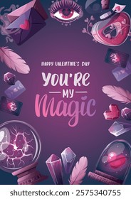 Valentine's Day card with magic ball, love potion, crystals, love letter, heart in a glass dome, tarot cards, love eye. Romantic, magic love, 14 February concept, Vector illustrations.