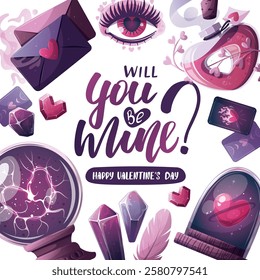 Valentine's Day card with magic ball, love potion, crystals, love letter, heart in a glass dome, tarot cards, love eye. Romantic, magic love, 14 February concept, Vector illustrations.