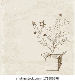 Valentine's Day card with magic gift boxs, hearts and stars. Vector illustration.
