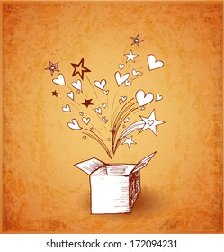 Valentine's Day card with magic gift box, hearts and stars in vintage style. Vector illustration. 