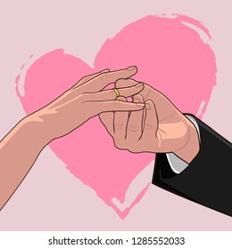 Valentine's day card with male and female hands on the background of a pink heart. The groom puts the ring on the bride's finger. Wedding. Girl's hand, man's hand, ring. Gold ring on the ring finger. svg