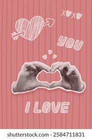 Valentine's Day card with male hands forming heart and lettering: I Love you. Vector illustrations of posters with Cut Out newspaper collages and doodle. Torn paper and romantic hand drawn elements