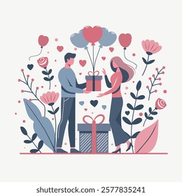 Valentine's Day card. Man gives woman a gift symbolizing love, romance, care. Vector flat illustration for love sites, dating apps and any projects dedicated to love, banner, poster