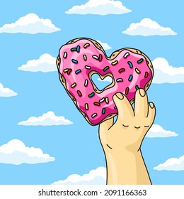 Valentine's Day card. Man holding cartoon donut heart with pink glaze against blue sky wish clouds.