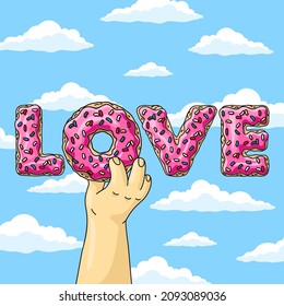 Valentine's Day card. Man holding cartoon donut LOVE with pink glaze against blue sky wish clouds.