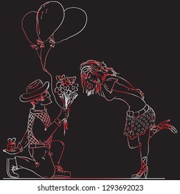 Valentine's day card. A man presenting a woman with flowers and a present, standing on his knee. Couple in love. Hand drawn vector illustration.