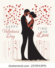 Valentine's Day card. Man in suit and woman in evening dress in each other's arms, symbolizing romance and tenderness. Vector illustration symbolizes love and passion. For love sites, invitations