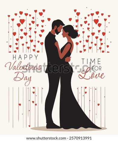 Valentine's Day card. Man in suit and woman in evening dress in each other's arms, symbolizing romance and tenderness. Vector illustration symbolizes love and passion. For love sites, invitations