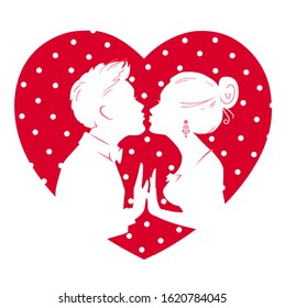 Valentines day card. Man and woman kiss. Big heart and silhouettes of loving couple. Holiday illustration. T-shirt design