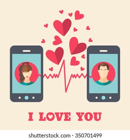 Valentine's day card with man and woman avatars on smart phone displays in flat style. Vector illustration