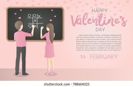 Valentine's Day Card With Man And Woman Playing X O Game On Chalkboard, Smiling At Each Other With Sweet Pink Background. Text Happy Valentine's Day. Flat Style Vector Illustration.