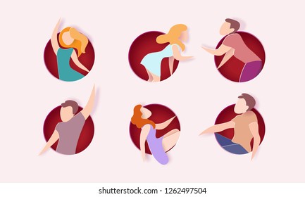 Valentines day card with men and women in round hole. Vector illustration. Paper cut and craft style.