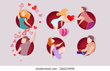 Valentines day card. Men, women and hearts in round hole. Vector illustration. Paper cut and craft style.