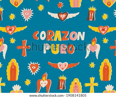 Valentines day card with mexican catholic sacred traditional hearts, love cards and posters.