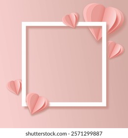 Valentine's Day card. minimal vector illustration with paper cut layered hearts on a pink gradient backdrop. elegant composition for background, greeting, invitation, banner, frame with copy space