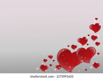 Valentines Day Card with mirrored shiny red hearts frame with 3d effect bright  gray background with tinsel, copy space template. Vector illustration for web and print