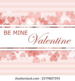 Valentine's Day card. modern vector illustration with layered hearts, confetti and text on a pink textured striped backdrop. sweet composition for background, greeting, invitation, banner, frame