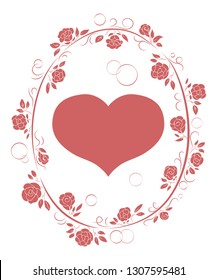 Valentine's day card. Monochrome picture in pink. Heart in an oval frame of climbing roses.