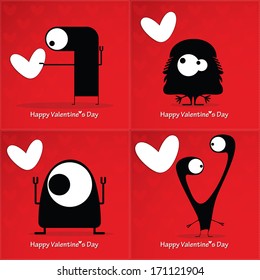 Valentine`s day card with monsters and hearts