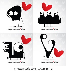 Valentine`s day card with monsters and hearts