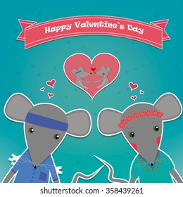 Valentines day card. Mouse boy and girl. Romantic concept. Vector illustration