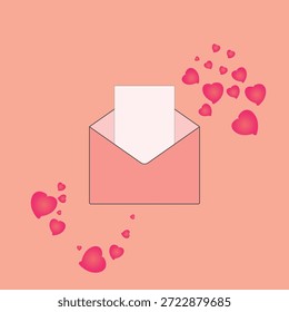 Valentine's Day card. Note paper and sweet hearts on a pink background.