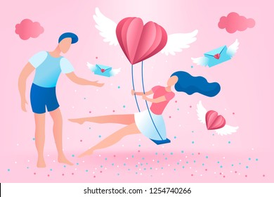Valentine's day card on abstract background. Girl on a swing, boy, heart, envelope, wingst paper cut effects vector illustration. Design template for party invitation, greeting card, banner, web.