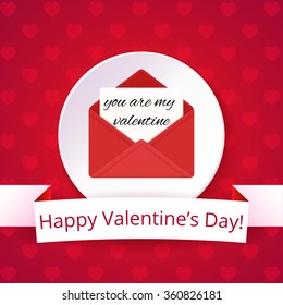 Valentine's day card on a bright red background with hearts. Happy Valentine's Day text on a ribbon. Love letter. Vector illustration.
