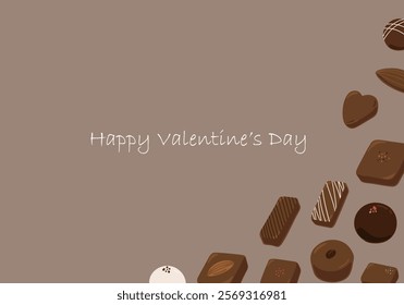 Valentine's Day card on brown background studded with hand drawn chocolate illustrations