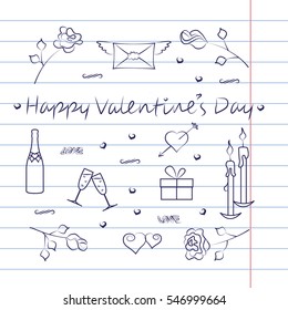 Valentine's Day card on exercise book effect background. Vector illustration eps 10