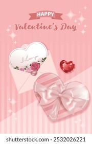 Valentine's Day card on pink background, open envelope with roses and red heart jewelry, heart gift