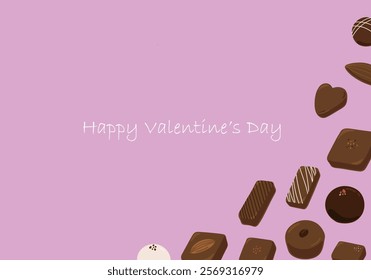 Valentine's Day card on a pink background studded with hand-drawn chocolate illustrations