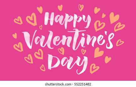 Valentines Day card with orange heart pattern calligraphy text for greeting card with white font on pink background. Valentines day 14 February love vector congratulation design