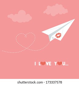 Valentine's day card. Origami paper plane. Dash heart in the sky. Love card. Vector illustration.  Eps 10