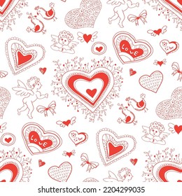 Valentines day card, ornate background. Seamless hand drawn pattern with red hearts, flowers and abstraction. Valentines day background.