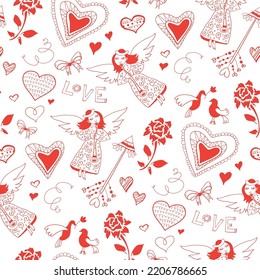 Valentines day card, ornate background. Seamless hand drawn pattern with red hearts, flowers and abstraction. Valentines day background.