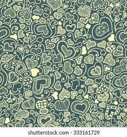 Valentines day card, ornate background. Seamless hand-drawn pattern with hearts, flowers and abstraction. Valentines day background.