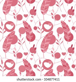 Valentines day card, ornate background. Seamless pattern with hearts, feathers and leaves. Abstract background. Hand drawn Vector illustration. Seamless abstract pattern with feathers and leaves.