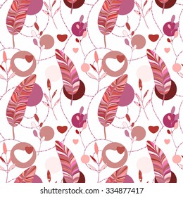 Valentines day card, ornate background. Seamless pattern with hearts, feathers and leaves. Abstract background. Hand drawn Vector illustration. Seamless abstract pattern with feathers and leaves.