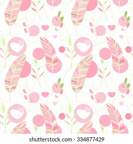 Valentines day card, ornate background. Seamless pattern with hearts, feathers and leaves. Abstract background. Hand drawn Vector illustration. Seamless abstract pattern with feathers and leaves.