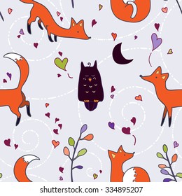 Valentines day card, ornate background. Seamless hand-drawn pattern with hearts, foxes, owls, leaves and moon. Valentines day background. Hand drawn Vector illustration. 